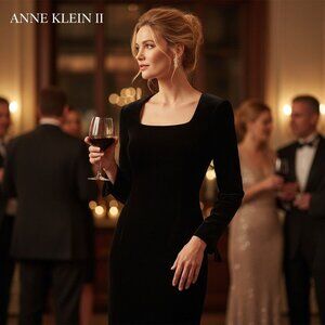 Anne Klein II Petite Black Velvet Long-Sleeve Dress Square Neck Back Zipper Made
